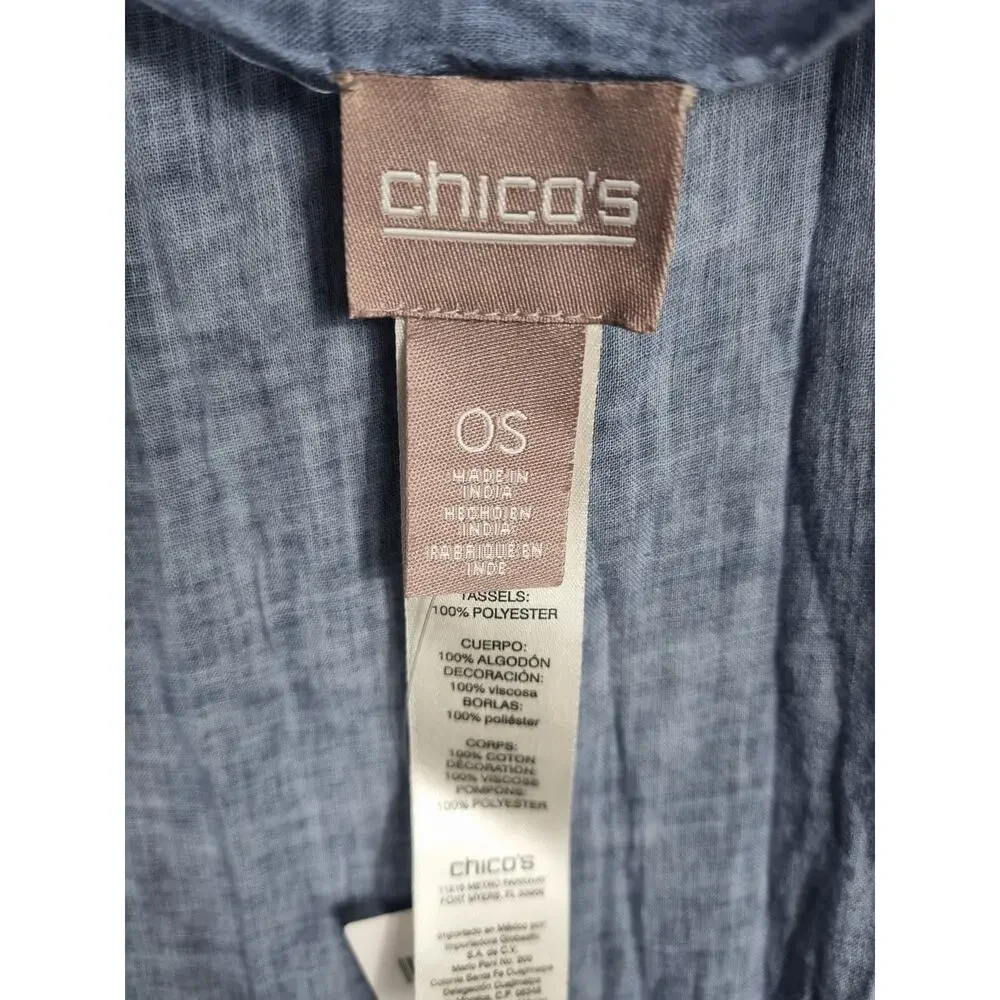 Chico's Scarf Womens One Size Blue Embroidered Beauty Oblong Cotton Tassels Boho